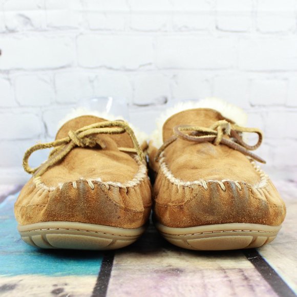 LL Bean Brown Suede Shearling Lined Wicked Good Moccasin Slippers Size 9 M - Picture 4 of 9